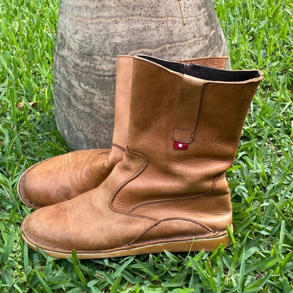 Oliberte Yabela Womens Tan Leather Mid Calf Boots Size 38 Side Zip Flat Sole